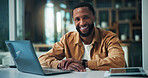 Black man, laptop and smile with remote work from home, portrait and confidence with copywriting. Person, computer and writer with project management, happy and freelance job at house in Nigeria