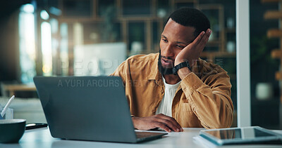 Buy stock photo Black man, laptop and tired with remote work from home, frustrated and stress with copywriting. African person, computer and exhausted with burnout, mistake or freelance project with job at apartment