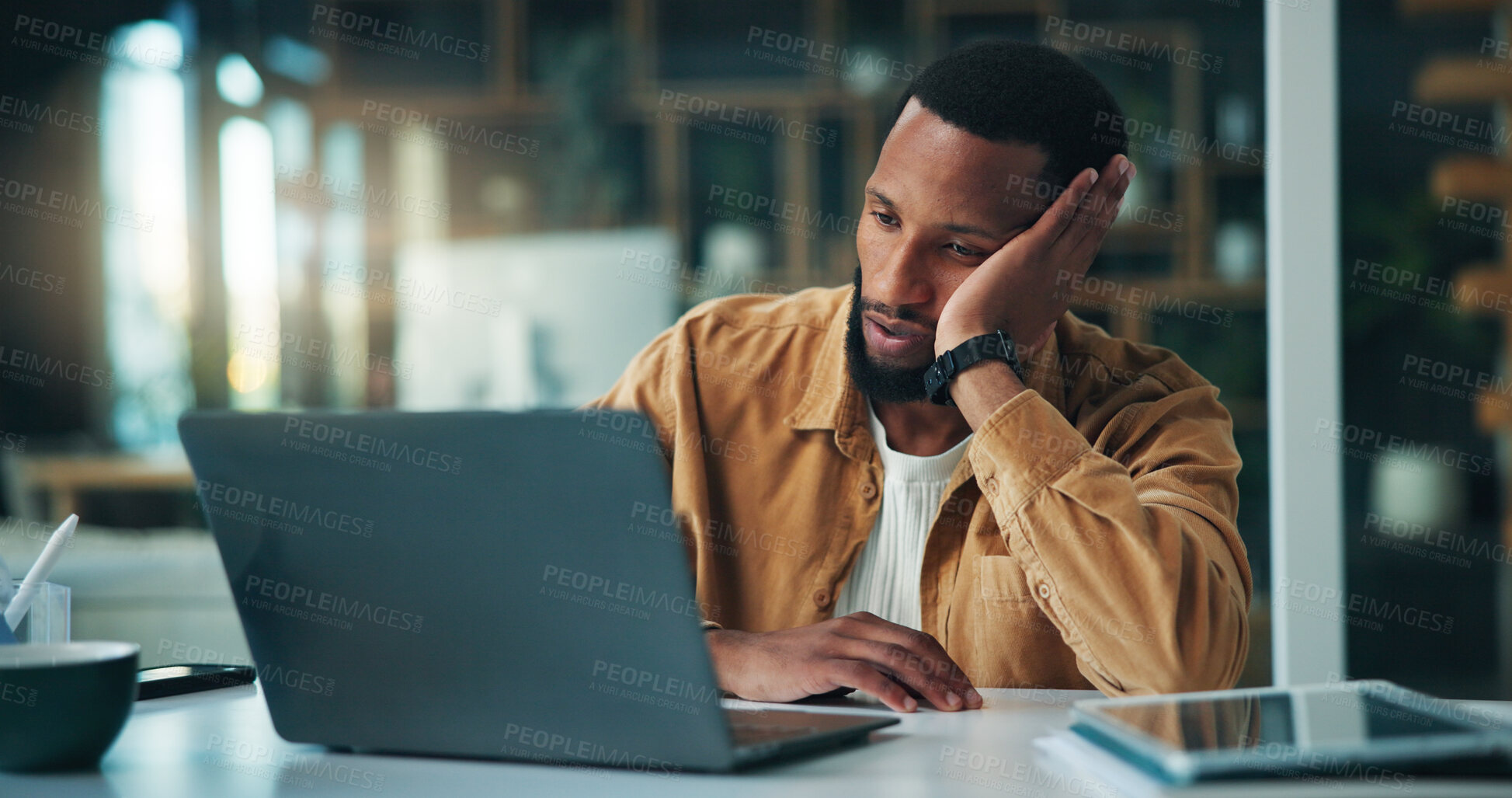 Buy stock photo Black man, laptop and tired with remote work from home, frustrated and stress with copywriting. African person, computer and exhausted with burnout, mistake or freelance project with job at apartment