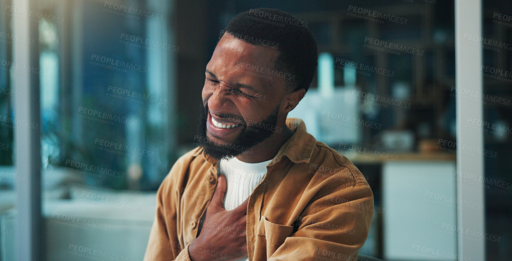 Buy stock photo Black man, stress and chest pain with remote work from home, breathing and heart attack. African person, ache and freelance writer with asthma, frustrated and burnout with cardiac arrest at apartment