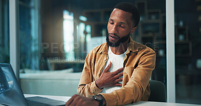 Buy stock photo Black man, laptop and chest pain with remote work from home, breathing and heart attack. African person, ache and freelance writer with asthma, frustrated and burnout with cardiac arrest at apartment