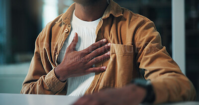 Buy stock photo Business, hands and man in office, chest pain and sick with allergy reaction, burnout and pneumonia. Person, heart health and employee in workplace, respiratory infection and bronchitis with asthma