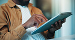 Tablet, hands and black man in office with research for creative project with email for feedback. Scroll, digital technology and African male magazine editor with article for publishing in workplace.