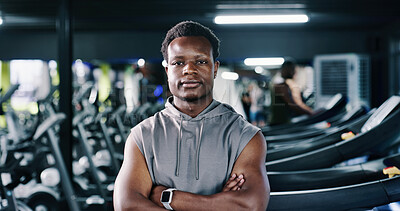 Buy stock photo Fitness, portrait or man in gym with arms crossed, pride or progress in physical exercise. Serious, wellness or athlete with confidence, training break or workout results in body improvement.
