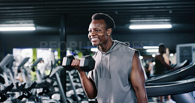 Buy stock photo Fitness, weight lifting or black man in gym with dumbbell, endurance or bicep curl in bodybuilding. Exercise, power or athlete in center with equipment, intense workout or resilience for muscle gain.