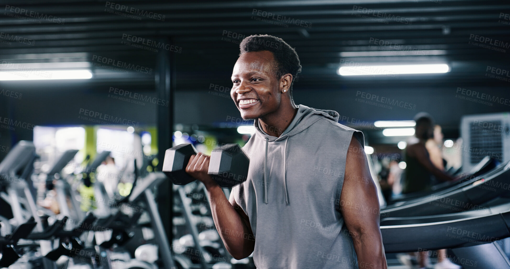 Buy stock photo Fitness, weight lifting or black man in gym with dumbbell, endurance or bicep curl in bodybuilding. Exercise, power or athlete in center with equipment, intense workout or resilience for muscle gain.