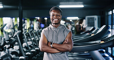 Buy stock photo Fitness, portrait or black man in center with arms crossed, pride or progress in physical hobby. Smile, bokeh or athlete in gym with confidence, training break or workout results in body improvement.