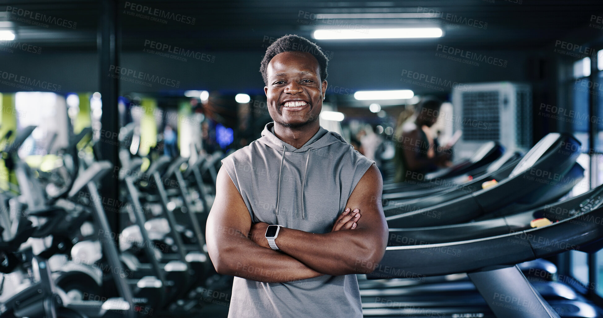 Buy stock photo Fitness, portrait or black man in center with arms crossed, pride or progress in physical hobby. Smile, bokeh or athlete in gym with confidence, training break or workout results in body improvement.