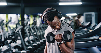 Buy stock photo Exercise, headphones and weights with man in gym for bodybuilding, strength training or workout routine. Dumbbell, fitness and music with bodybuilder person in health club for physical challenge