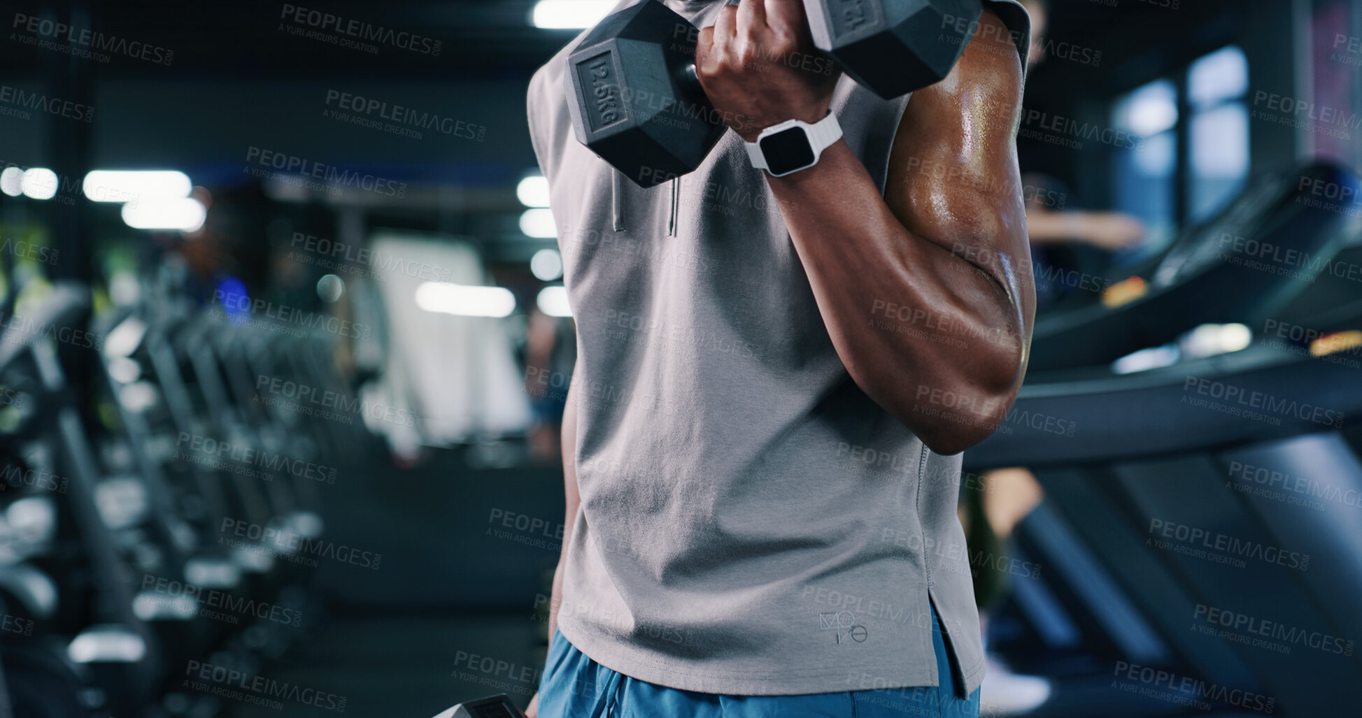 Buy stock photo Arm, dumbbell and fitness with man in gym for bodybuilding, strength training or workout routine. Exercise, space and weightlifting with bodybuilder person in health club for physical challenge
