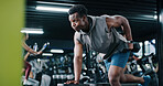 Fitness, weight training or black man in center with dumbbell, endurance or bicep curl in bodybuilding. Exercise, active or athlete with equipment, intense workout or resilience in muscle development
