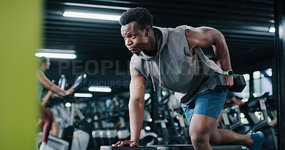 Buy stock photo Fitness, weight training or black man in gym with dumbbell, endurance or bicep curl in bodybuilding. Exercise, strength or athlete with equipment, intense workout or resilience for muscle gain.