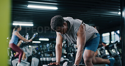 Buy stock photo Dumbbell, fitness and power with man on gym bench for strength training or workout routine. Arm, bicep and weightlifting with bodybuilder person in health club for challenge or physical improvement