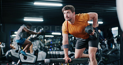 Buy stock photo Fitness, man and workout with dumbbell row in gym for muscle development, power and growth. Weightlifting, bodybuilder and person exercise for resistance training, strength improvement and health