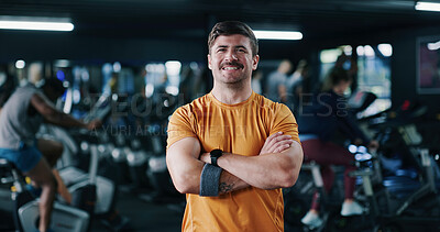 Buy stock photo Fitness, portrait or man in gym with arms crossed, pride or progress in physical exercise. Happy, space or athlete in center with confidence, training break or workout results in body improvement.