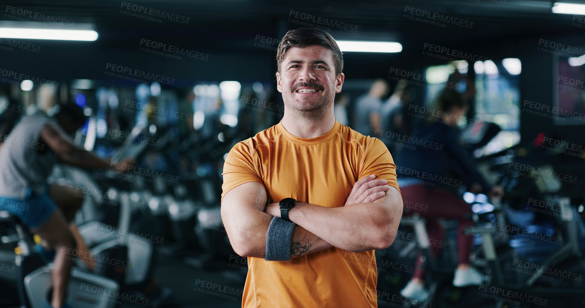 Buy stock photo Fitness, portrait or man in gym with arms crossed, pride or progress in physical exercise. Happy, space or athlete in center with confidence, training break or workout results in body improvement.