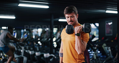 Buy stock photo Dumbbell, fitness and space with man in gym for bodybuilding, strength training or workout routine. Exercise, power and weightlifting with bodybuilder person in health club for physical challenge