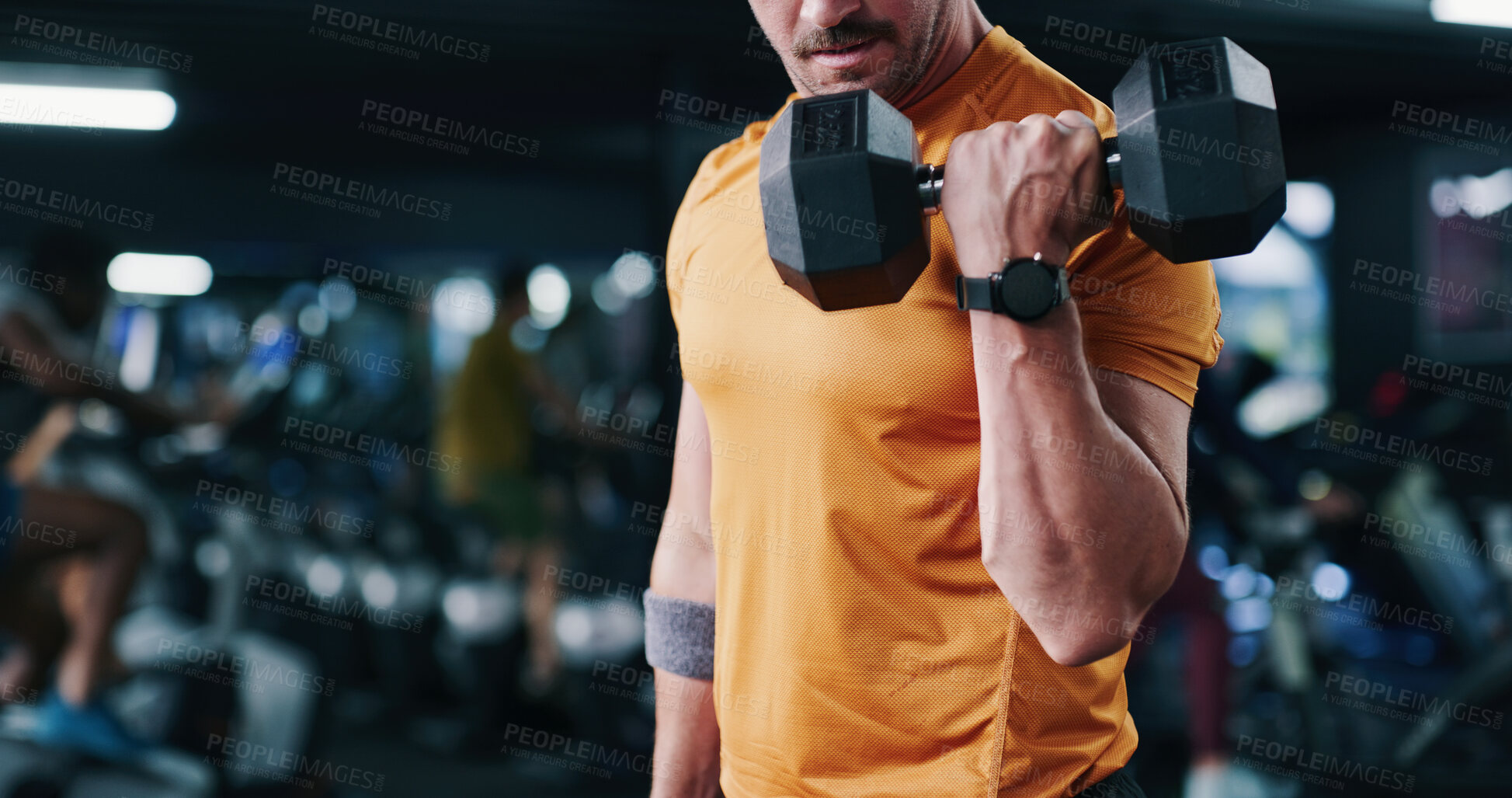 Buy stock photo Arm, dumbbell and fitness with man in gym for bodybuilding, strength training or workout routine. Exercise, space and weightlifting with person in health club for physical improvement or progress