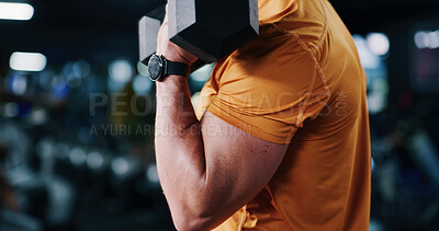 Buy stock photo Man, fitness and bicep curl with dumbbell in gym for strength workout, exercise or muscle gain. Closeup, hand or active male person weightlifting with equipment for power or training in health club