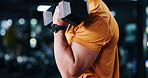Fitness, weight training or arm in gym with dumbbell, power or bicep curl in bodybuilding. Exercise, bokeh or man in sports club with equipment, intense workout or strength in muscle development.