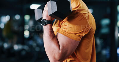 Buy stock photo Fitness, weight training or arm in gym with dumbbell, power or bicep curl in bodybuilding. Exercise, bokeh or man in sports club with equipment, intense workout or strength in muscle development.