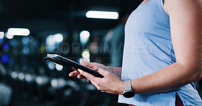 Buy stock photo Woman, hands and scroll in gym with tablet, workout research and sign up for personal trainer program. Bokeh, person and digital tech with exercise website, internet and registration for fitness app.
