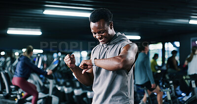 Buy stock photo Exercise, fits pump and watch with man in gym for performance tracking, results or satisfaction. App, fitness and time success with excited person in health club for celebration of goals or target