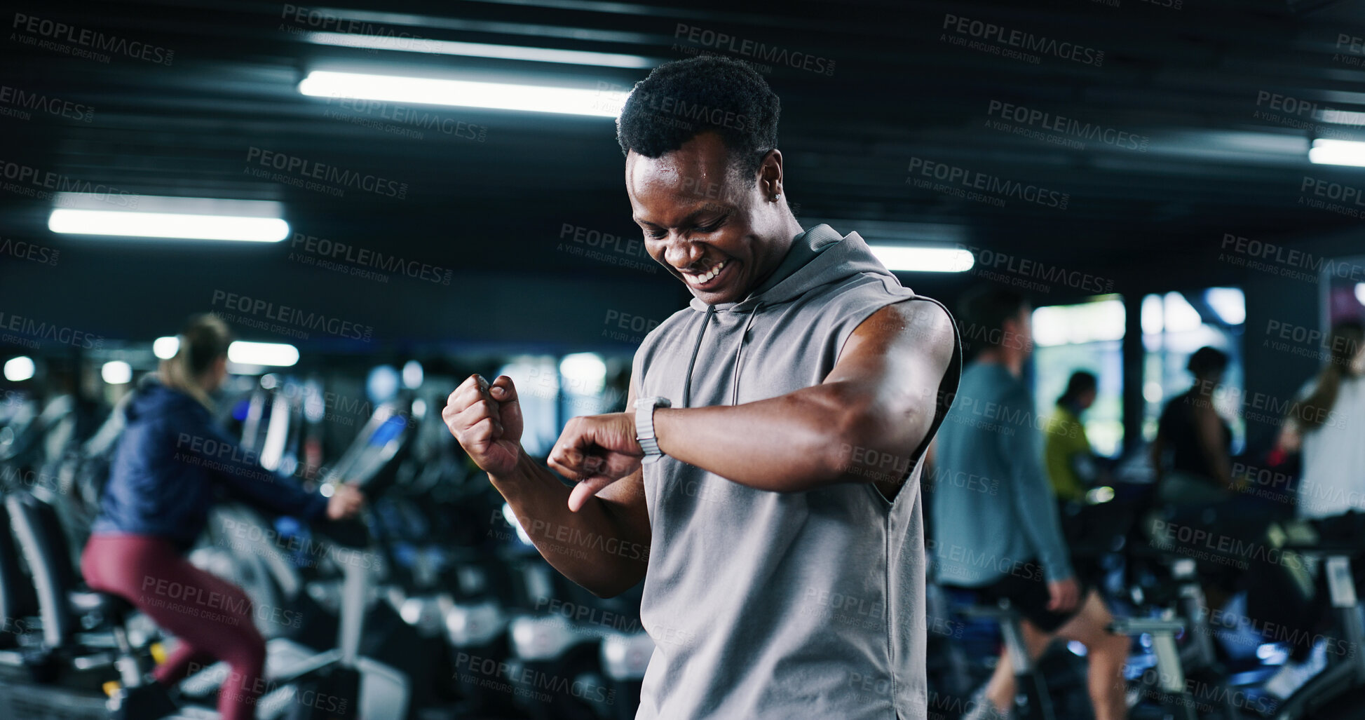 Buy stock photo Exercise, fits pump and watch with man in gym for performance tracking, results or satisfaction. App, fitness and time success with excited person in health club for celebration of goals or target