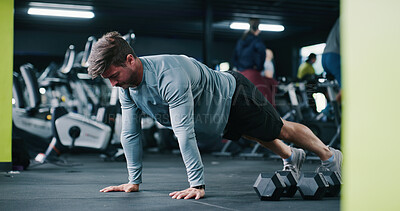 Buy stock photo Fitness, plank and man in gym, exercise and routine to improve posture, bodybuilding or health goals. Bodybuilder, wellness and person with balance for metabolism boost and training for strength