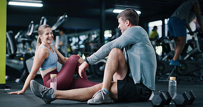 Buy stock photo Friends, smile and discussion in gym with stretching, start workout and exercise for bonding together. Happy, people and talk in health club with warm up, getting ready and preparation for training.