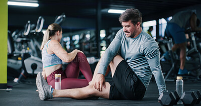 Buy stock photo Fitness, people and stretching legs in gym with flexibility, start workout and exercise for wellness. Active, friends and warm up in health club with mobility, getting ready and prepare for training.