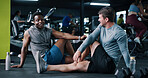 Friends, fitness and talk in gym with stretching, start workout or exercise for bonding together. People, discussion or warm up in health club with flexibility, getting ready or prepare for training.