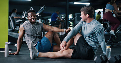 Buy stock photo Friends, fitness and talk in gym with stretching, start workout or exercise for bonding together. People, discussion or warm up in health club with flexibility, getting ready or prepare for training.