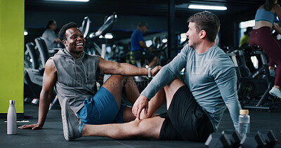 Buy stock photo Friends, laugh and talk in gym with stretching, start workout and exercise joke for bonding together. People, discussion and warm up in health club with humor, fitness and getting ready for training.