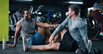 Buy stock photo Happy, friends and talk in gym with stretching, start workout and exercise joke for bonding together. People, discussion and warm up in health club with humor, fitness and getting ready for training.