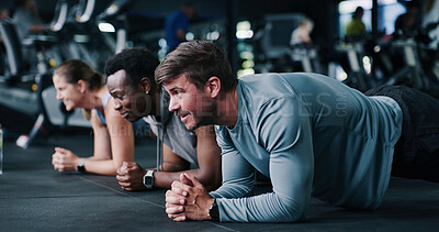 Buy stock photo Fitness, plank and group in gym, exercise or routine to improve posture, instructor and bodybuilding. Wellness, personal trainer and people with balance for metabolism boost and training for strength