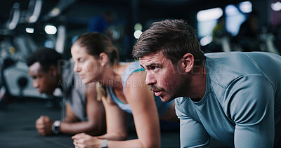 Buy stock photo Fitness, plank and group in gym, bodybuilding and exercise to improve posture, healthy and training. Wellness, personal trainer and people with balance for metabolism boost and workout for strength