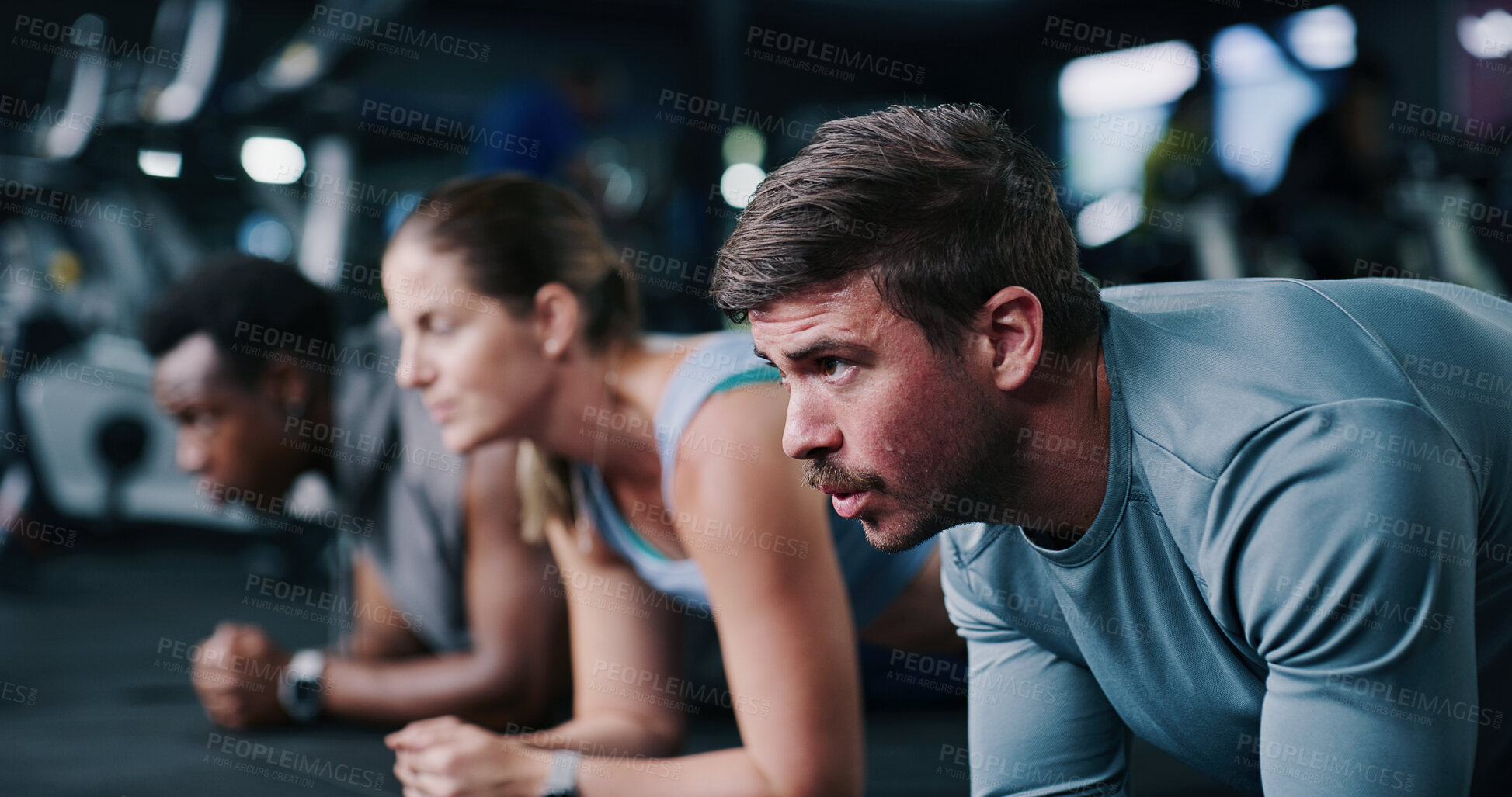 Buy stock photo Fitness, plank and group in gym, bodybuilding and exercise to improve posture, healthy and training. Wellness, personal trainer and people with balance for metabolism boost and workout for strength