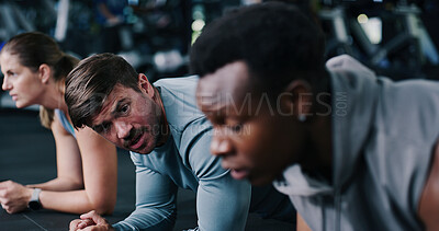 Buy stock photo Bodybuilding, plank and group in gym, talking and exercise to improve posture, healthy and training. Fitness, personal trainer and people with balance for metabolism boost and workout for strength