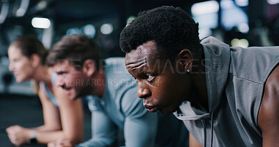 Buy stock photo Breathing, fitness and plank with man in gym for core conditioning or strength training. Balance, exercise and workout with group of people on floor in health club for challenge or development 