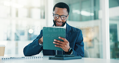 Buy stock photo Investor, tablet and black man in office, internet or online reading for economy news. African person, employee or financial advisor in workplace, tech or email notification for stock market exchange