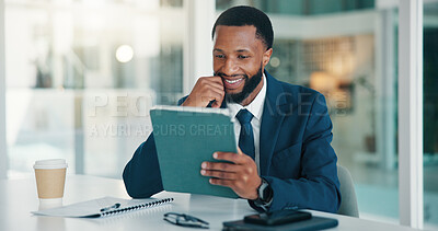 Buy stock photo Investor, tablet and black man in office, thinking and online reading for profit growth. African person, employee and financial advisor with solution, tech and email notification for stock market