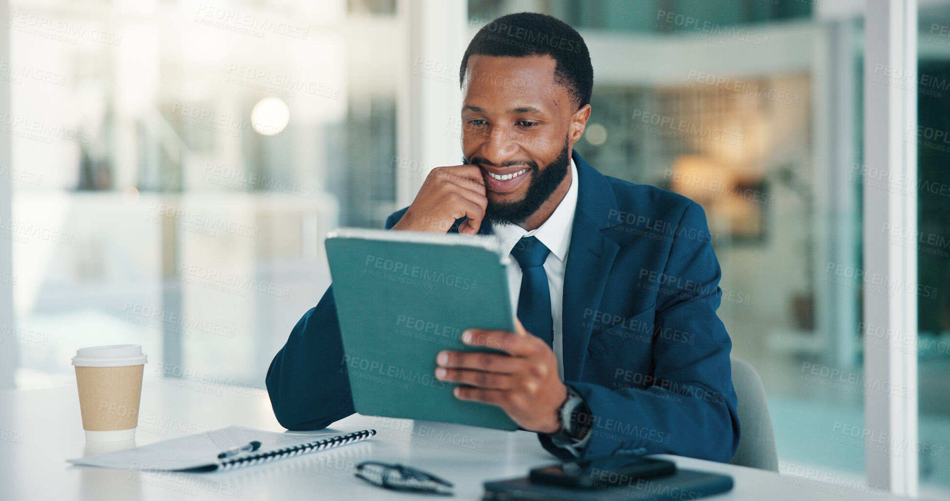 Buy stock photo Investor, tablet and black man in office, thinking and online reading for profit growth. African person, employee and financial advisor with solution, tech and email notification for stock market