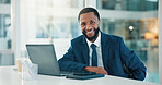 Lawyer, portrait or black man in office with laptop, pride or experience as corporate advocate. Smile, technology or attorney at law firm with confidence, about us or profession as legal advisor.