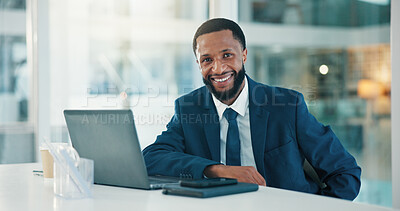 Buy stock photo Lawyer, portrait or black man in office with laptop, pride or experience as corporate advocate. Smile, technology or attorney at law firm with confidence, about us or profession as legal advisor.