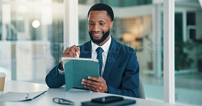 Buy stock photo Investor, tablet and black man in office, stylus or online reading for asset management. Happy person, employee or financial advisor with tech, smile or email notification for stock market or network