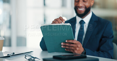 Buy stock photo Investor, tablet and happy man in office, hands or online reading for audit checklist. Person, trader or financial advisor in workplace, tech or email notification for stock market exchange or assets
