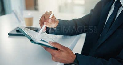 Buy stock photo Sign, online and hands with tablet, office and real estate agent with purchase agreement on website. Digital, approval and person with tech for property investment, realtor and writing with stylus