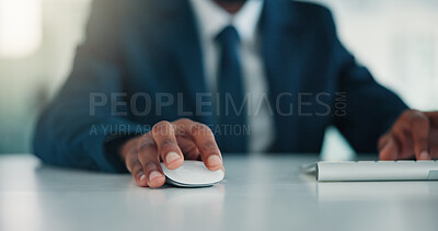 Buy stock photo Hands, business and person with mouse in office for research, finance report and review budget. Accountant, click and keyboard for email, browsing online and financial information on investment offer