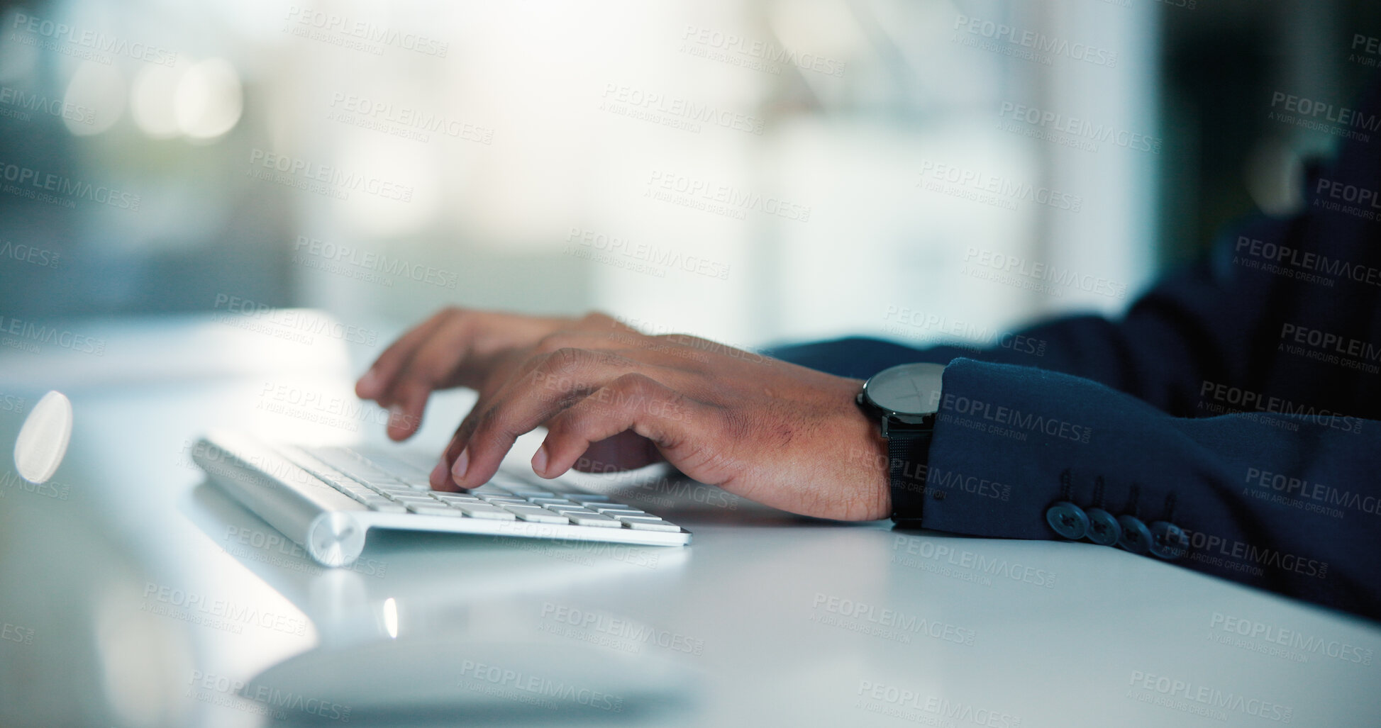 Buy stock photo Hands, business and man typing on keyboard for research, email client and finance report. Space, accountant and computer for company audit, budget planning and financial proposal for investment offer